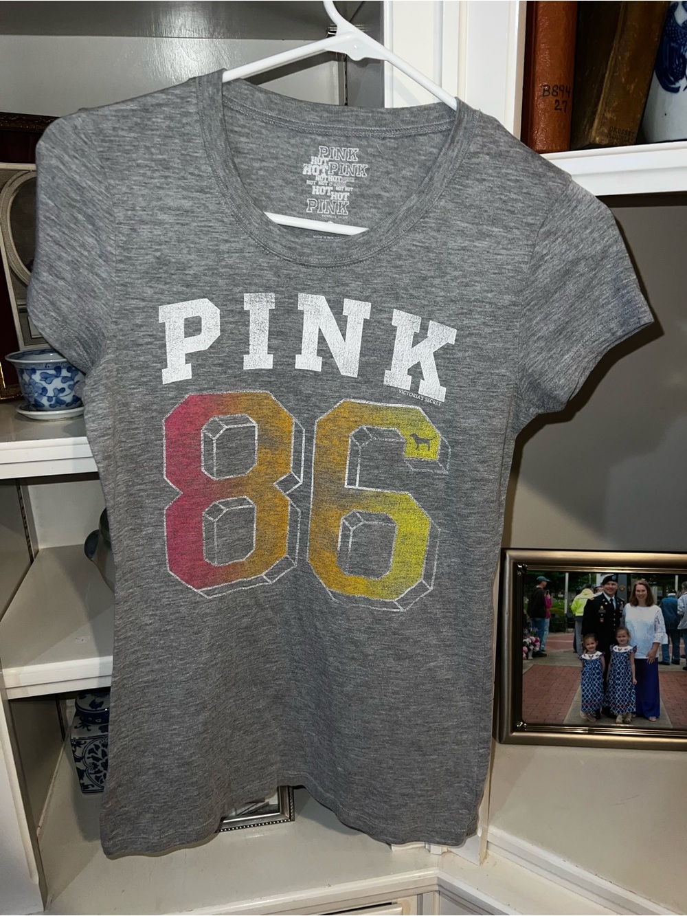 PINK Victoria's Secret Gray Graphic '86' Tee with Red and Yellow Accents